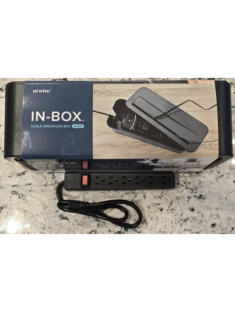 UT Wire Cable Management Box in Black with 6-Outlet Power Strip, New